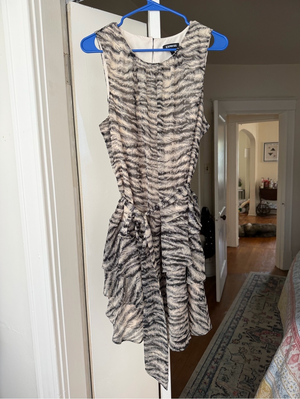 Express Black and Cream Sleeveless Tie-Waist Zebra-Print Dress